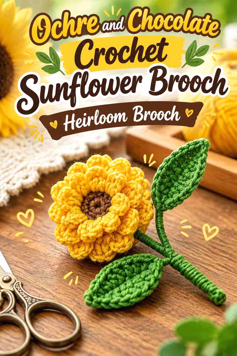 4. Ochre And Chocolate Crochet Sunflower Heirloom Brooch