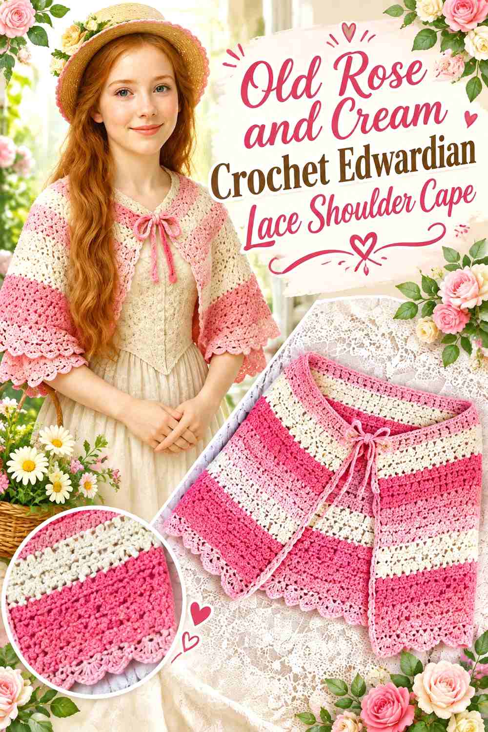 6. Old Rose And Cream Crochet Edwardian Lace Shoulder Cape