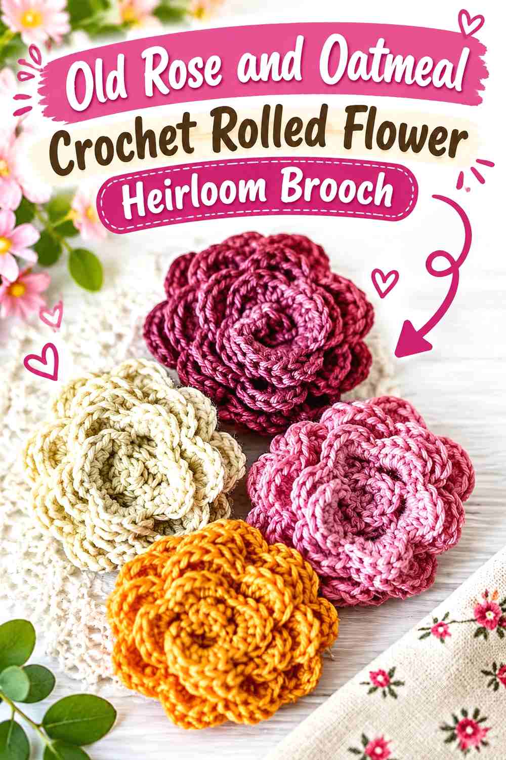 7. Old Rose And Oatmeal Crochet Rolled Flower Heirloom Brooch