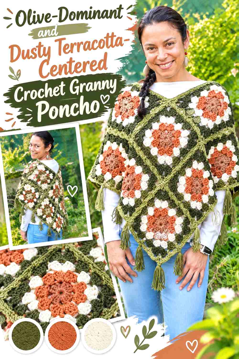 2. Olive-Dominant and Dusty Terracotta-Centered Crochet Granny Poncho