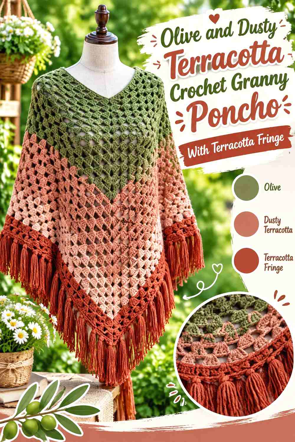 15. Olive and Dusty Terracotta Crochet Granny Poncho With Terracotta Fringe