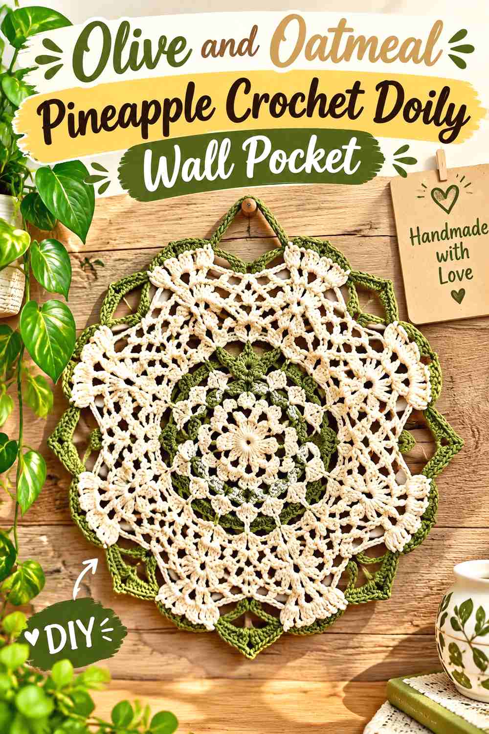 4. Olive And Oatmeal Pineapple Crochet Doily Wall Pocket