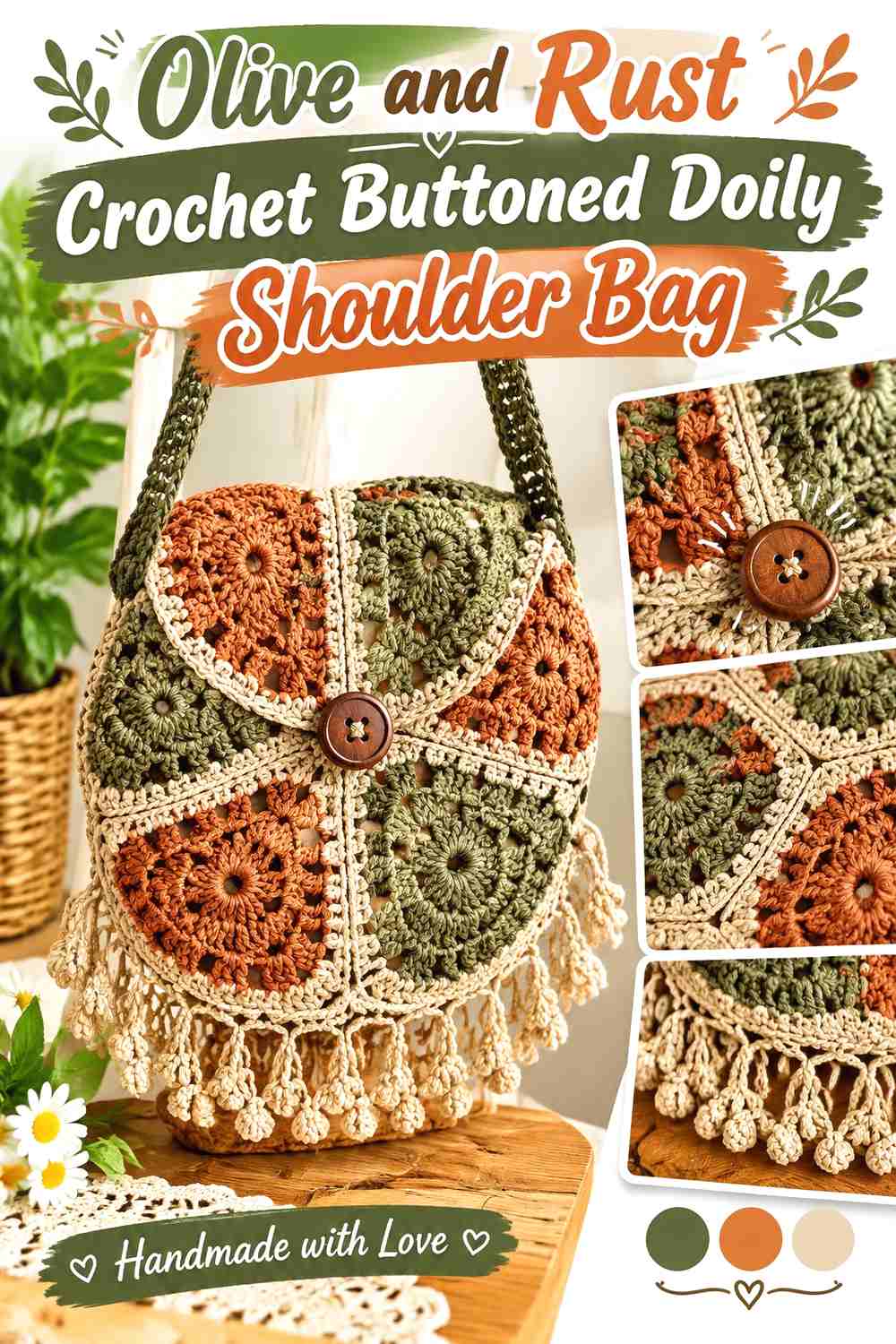 9. Olive And Rust Crochet Buttoned Doily Shoulder Bag