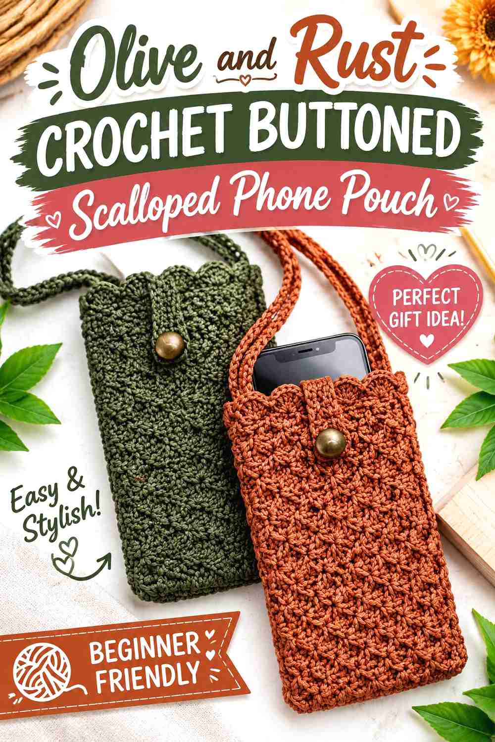 9. Olive And Rust Crochet Buttoned Scalloped Phone Pouch