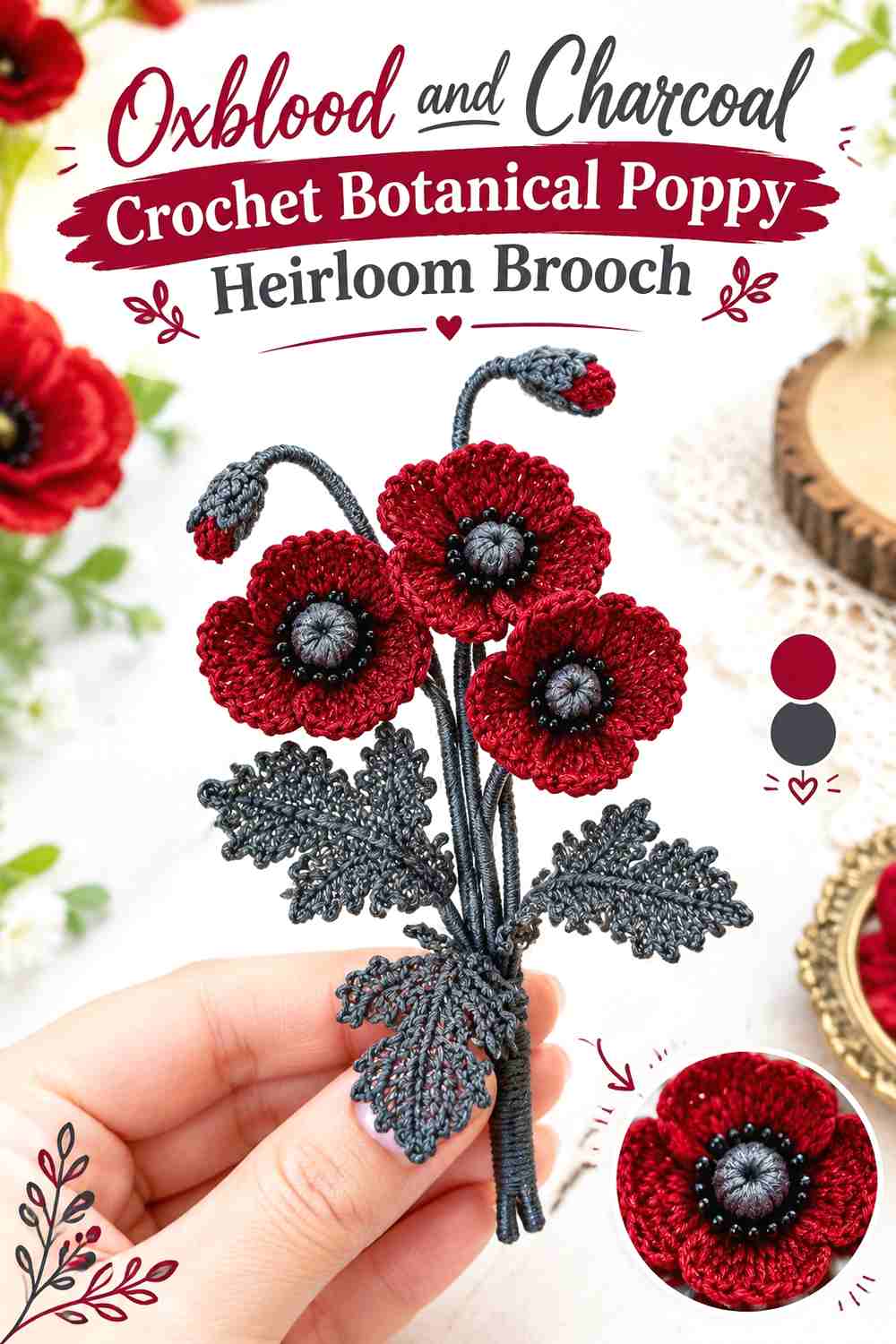 2. Oxblood And Charcoal Crochet Botanical Poppy Heirloom Brooch
