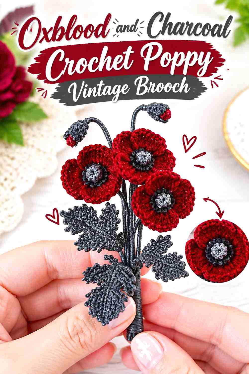 3. Oxblood And Charcoal Crochet Poppy Vintage Brooch