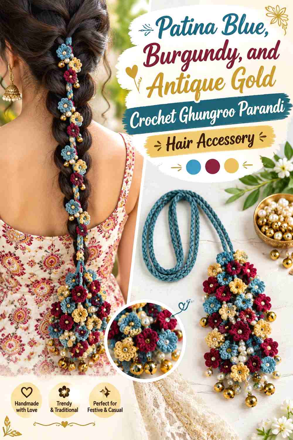10. Patina Blue, Burgundy, and Antique Gold Crochet Ghungroo Parandi Hair Accessory