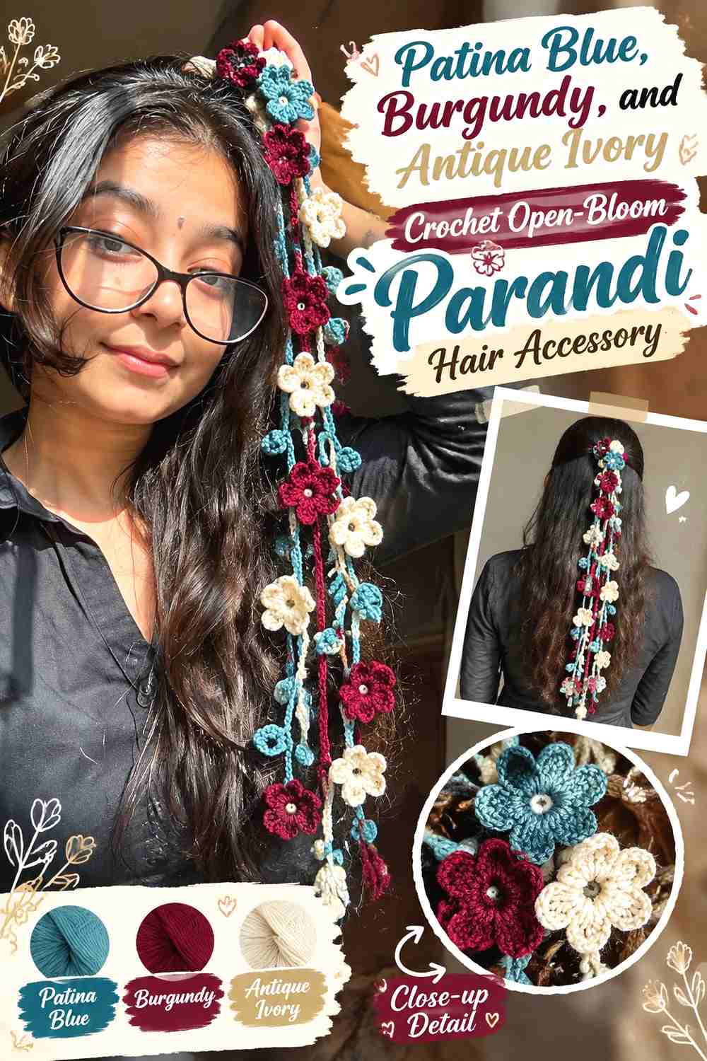 1. Patina Blue, Burgundy, and Antique Ivory Crochet Open-Bloom Parandi Hair Accessory