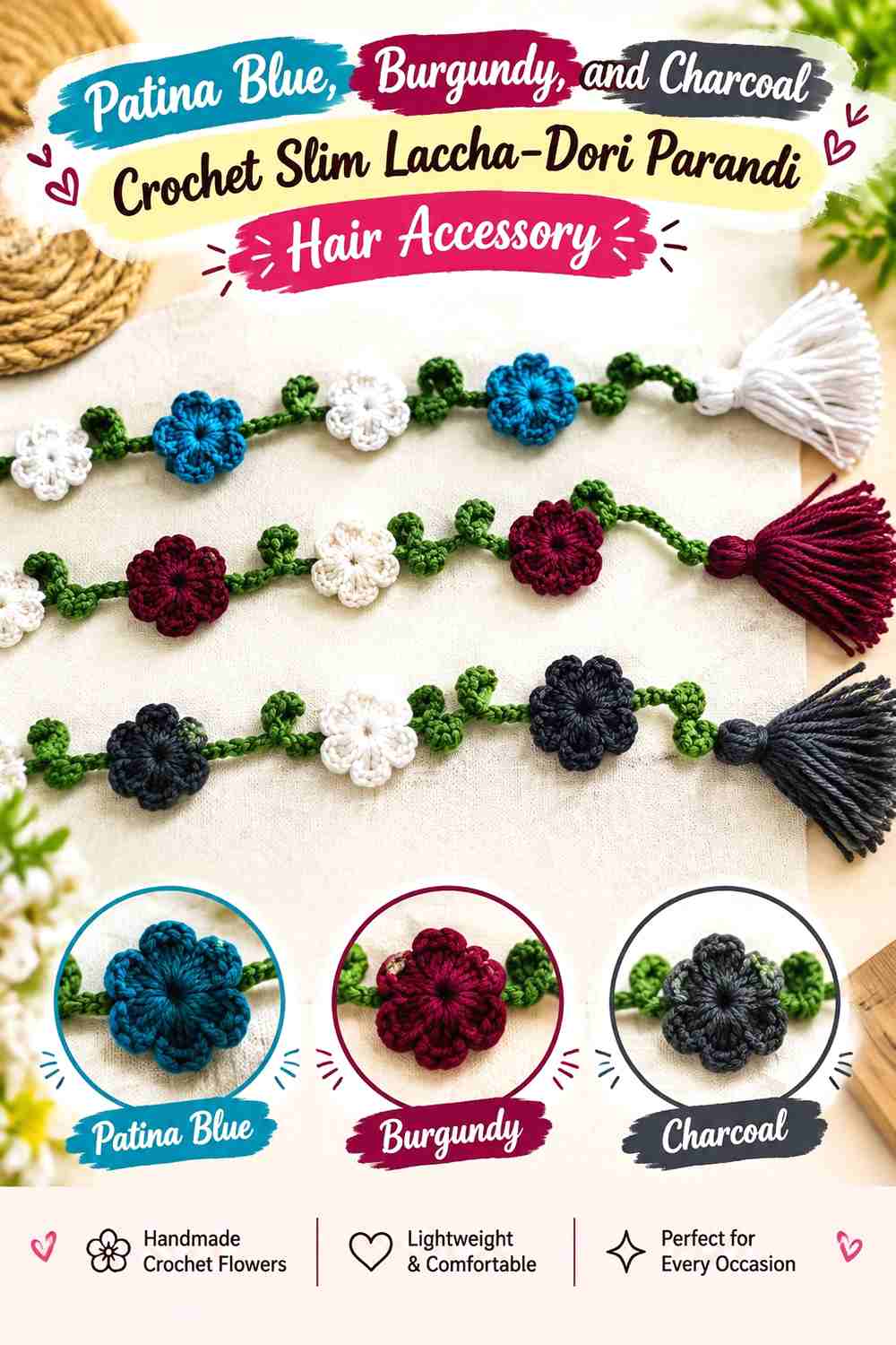 11. Patina Blue, Burgundy, and Charcoal Crochet Slim Laccha-Dori Parandi Hair Accessory