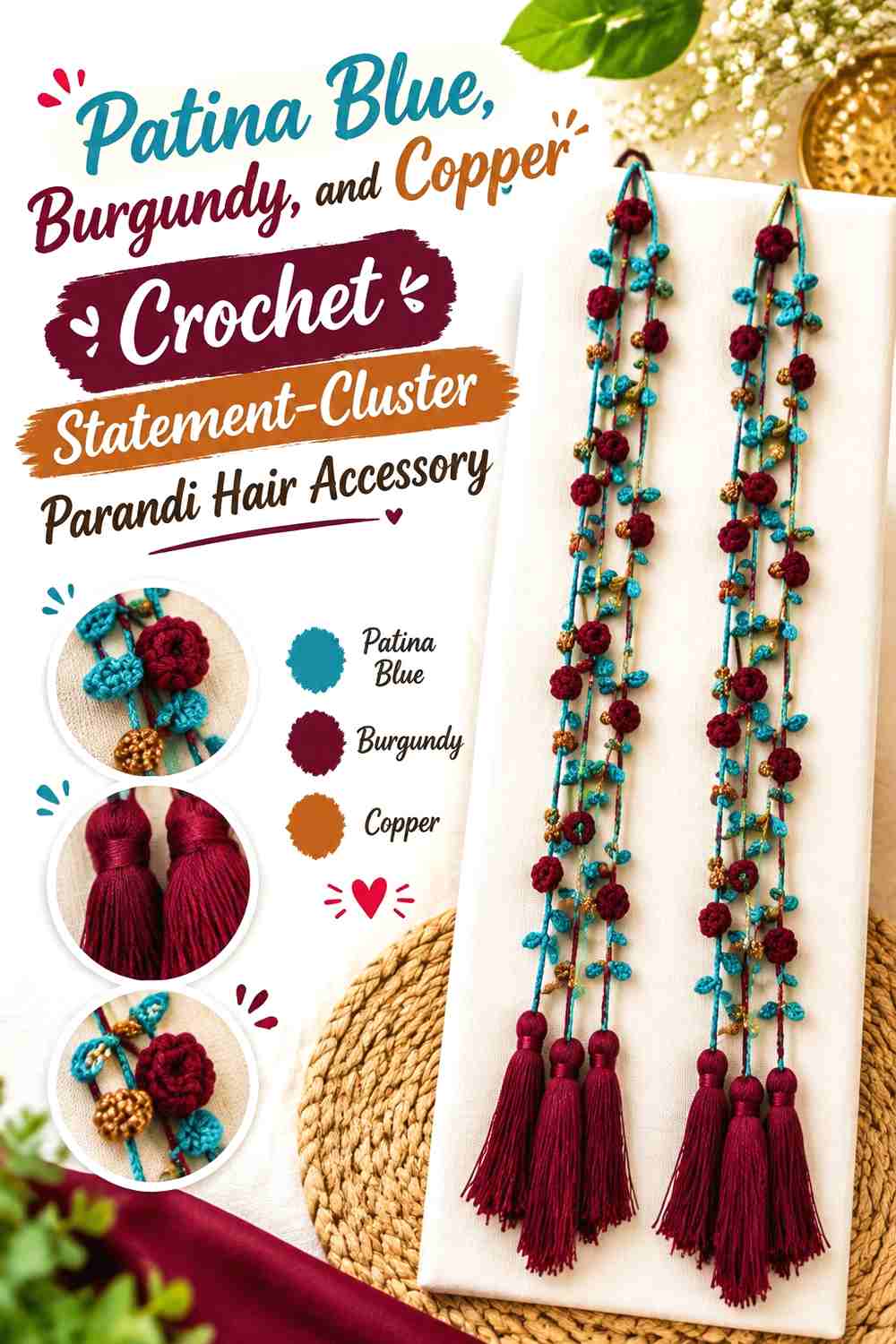 12. Patina Blue, Burgundy, and Copper Crochet Statement-Cluster Parandi Hair Accessory