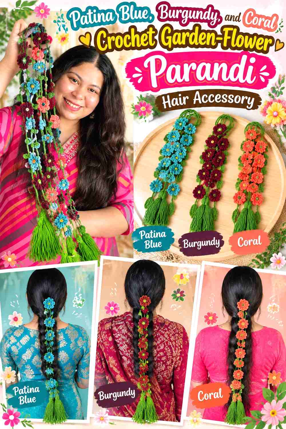 9. Patina Blue, Burgundy, and Coral Crochet Garden-Flower Parandi Hair Accessory