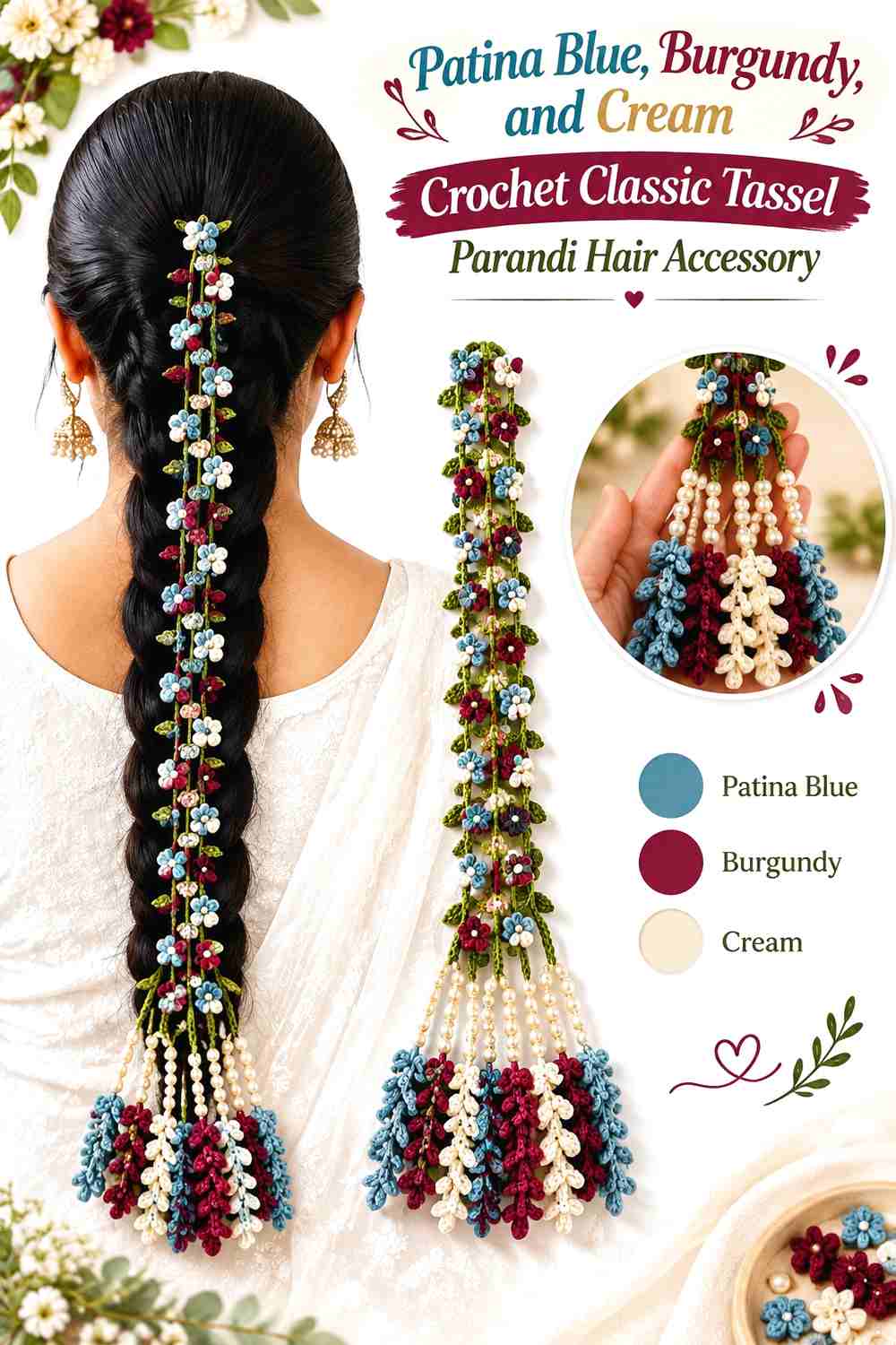 14. Patina Blue, Burgundy, and Cream Crochet Classic Tassel Parandi Hair Accessory