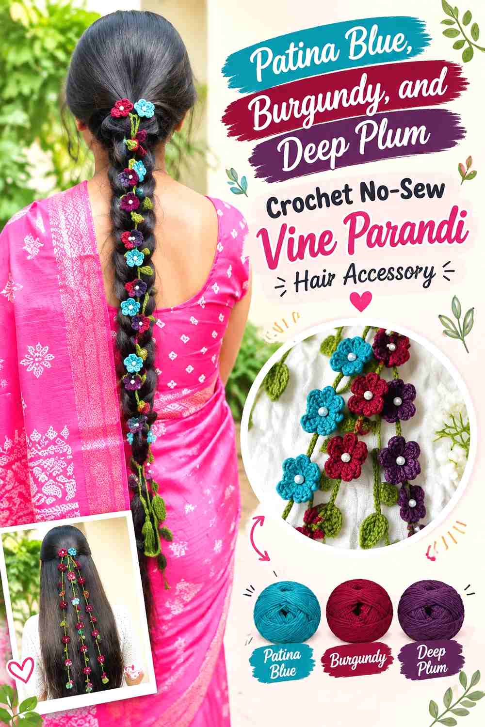 6. Patina Blue, Burgundy, and Deep Plum Crochet No-Sew Vine Parandi Hair Accessory