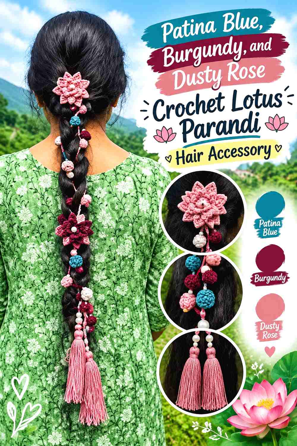 3. Patina Blue, Burgundy, and Dusty Rose Crochet Lotus Parandi Hair Accessory