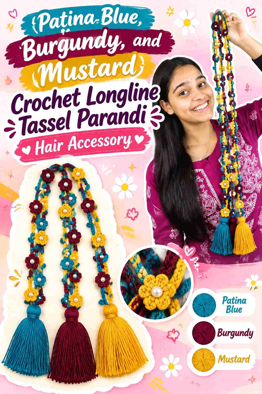 8. Patina Blue, Burgundy, and Mustard Crochet Longline Tassel Parandi Hair Accessory