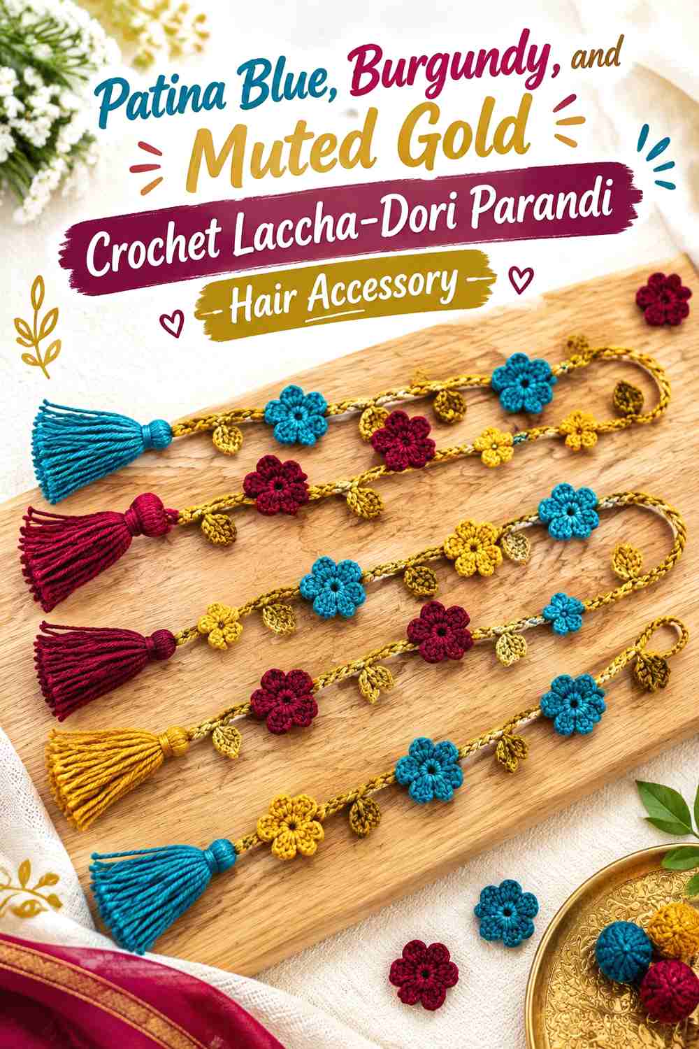 2. Patina Blue, Burgundy, and Muted Gold Crochet Laccha-Dori Parandi Hair Accessory