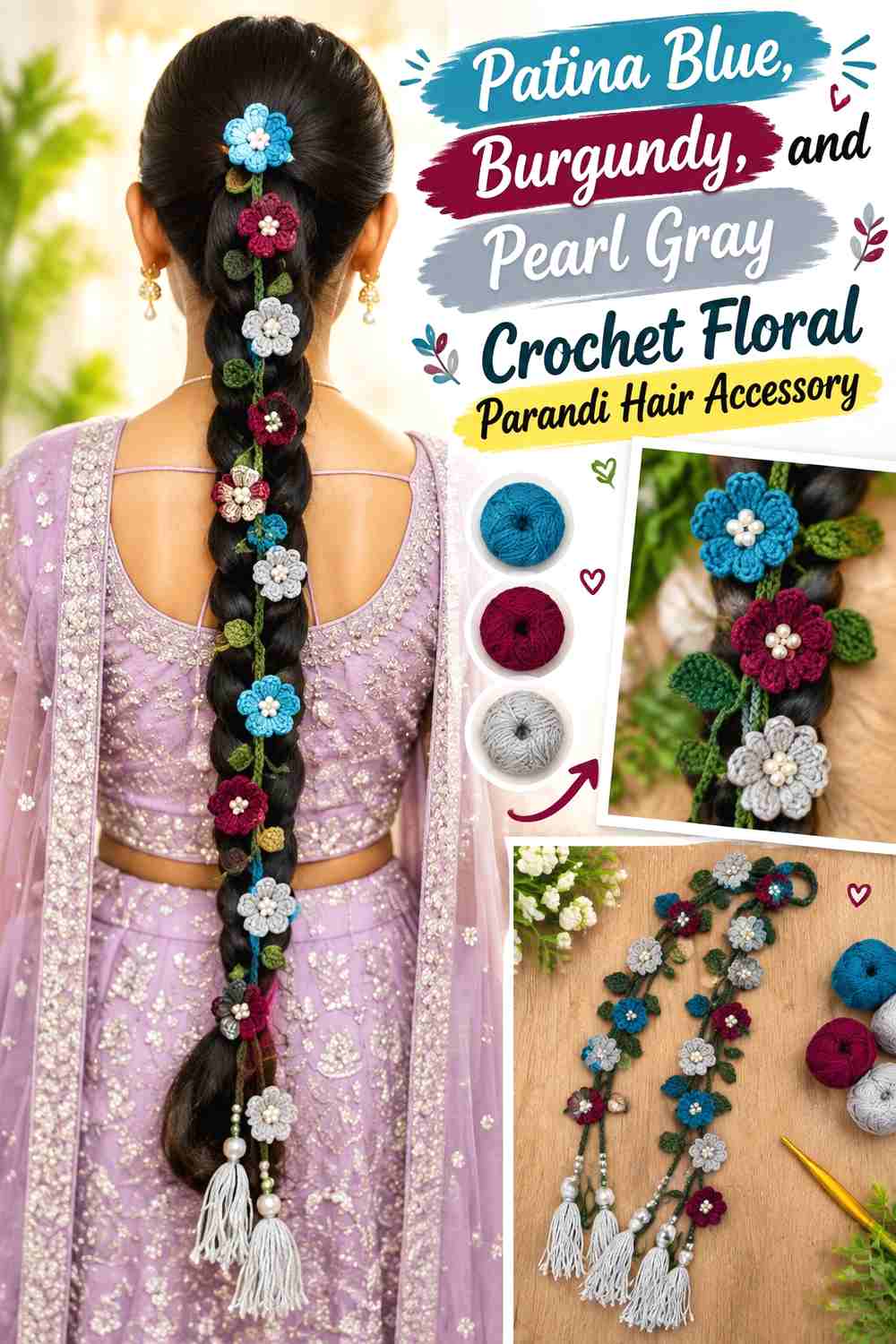 7. Patina Blue, Burgundy, and Pearl Gray Crochet Floral Parandi Hair Accessory