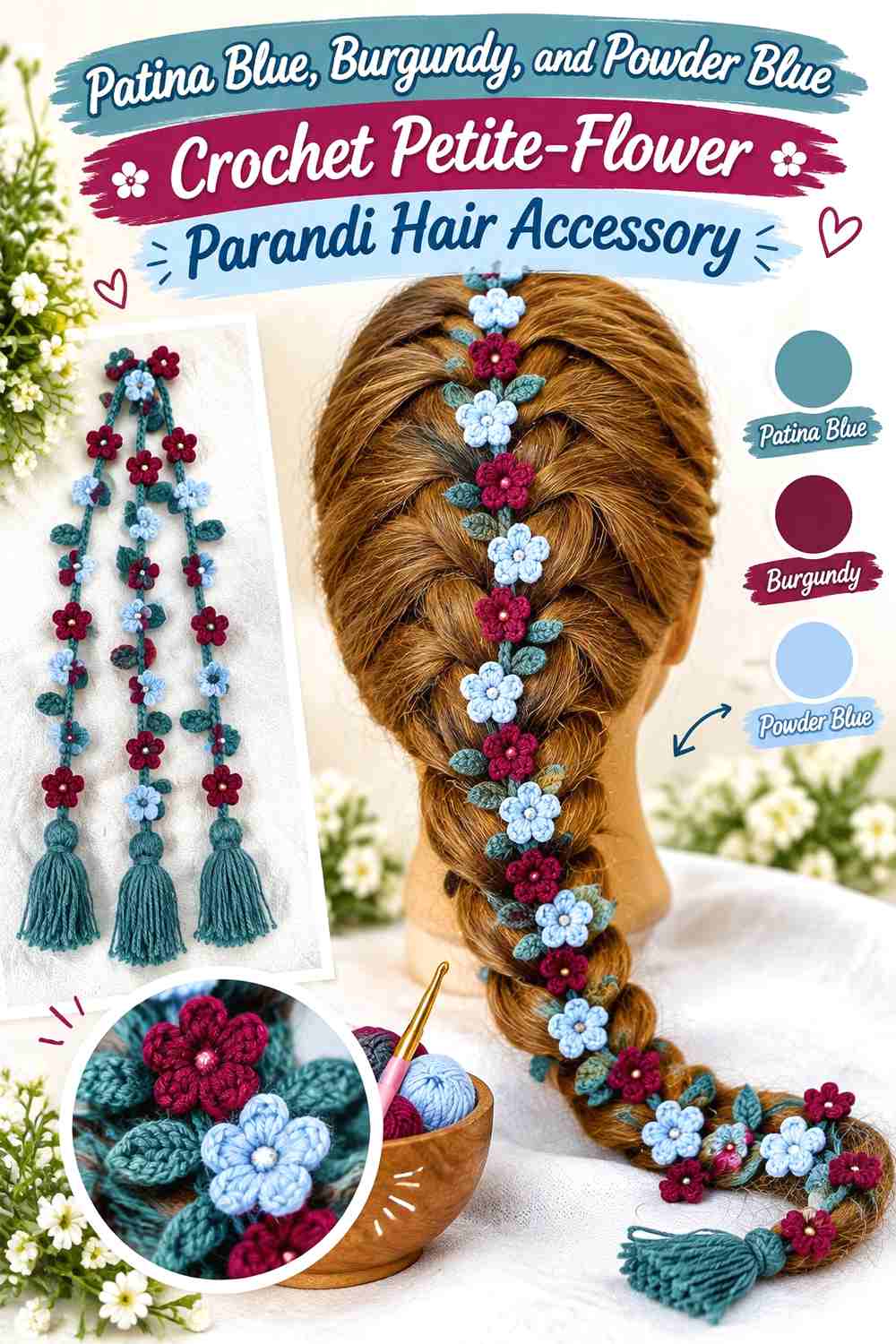 13. Patina Blue, Burgundy, and Powder Blue Crochet Petite-Flower Parandi Hair Accessory