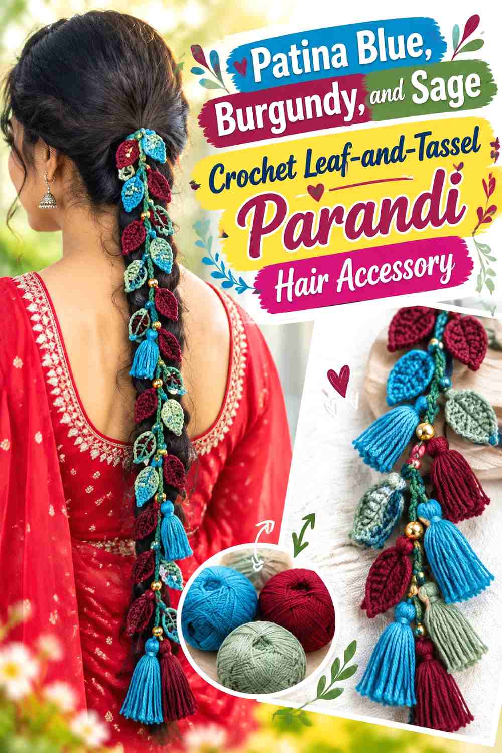 4. Patina Blue, Burgundy, and Sage Crochet Leaf-and-Tassel Parandi Hair Accessory