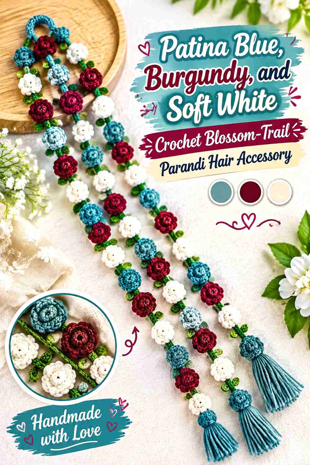 5. Patina Blue, Burgundy, and Soft White Crochet Blossom-Trail Parandi Hair Accessory