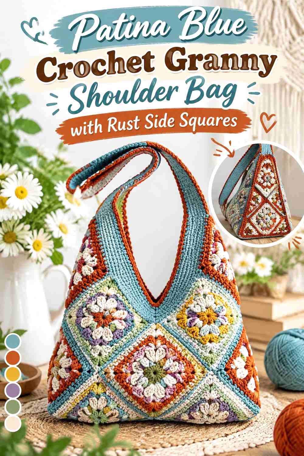 7. Patina Blue Crochet Granny Shoulder Bag with Rust Side Squares
