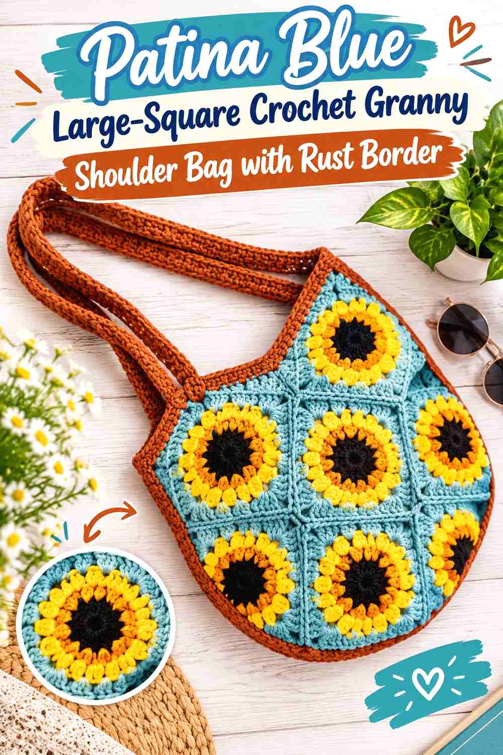 9. Patina Blue Large-Square Crochet Granny Shoulder Bag with Rust Border