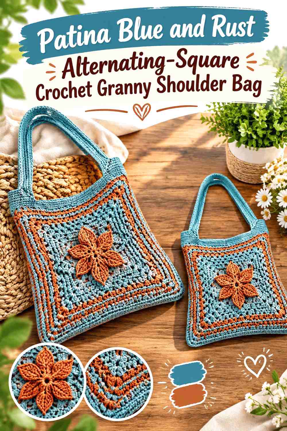 11. Patina Blue and Rust Alternating-Square Crochet Granny Shoulder Bag
