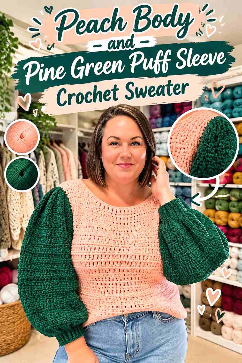 2. Peach Body and Pine Green Puff Sleeve Crochet Sweater
