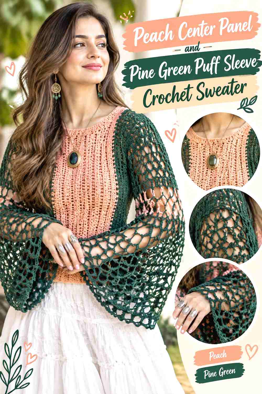 10. Peach Center Panel and Pine Green Puff Sleeve Crochet Sweater