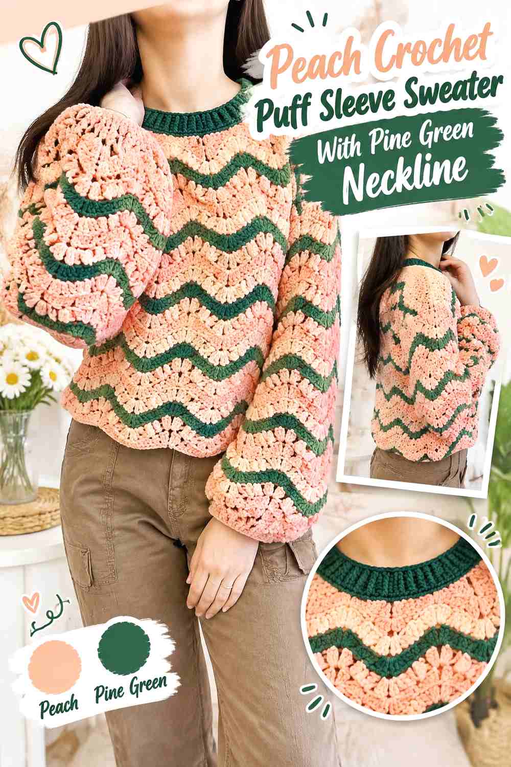 15. Peach Crochet Puff Sleeve Sweater With Pine Green Neckline