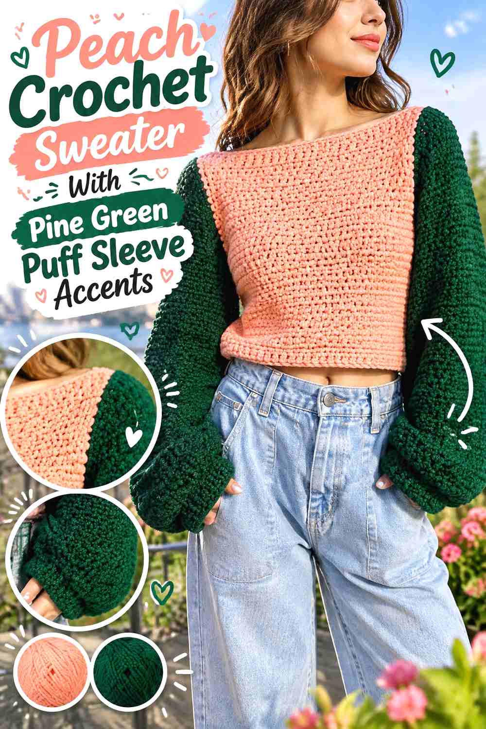 13. Peach Crochet Sweater With Pine Green Puff Sleeve Accents