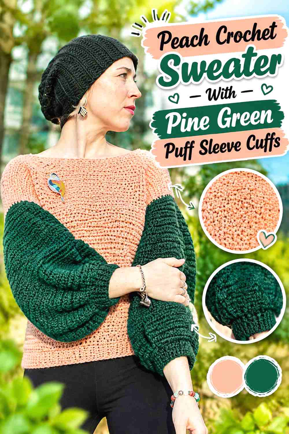 4. Peach Crochet Sweater With Pine Green Puff Sleeve Cuffs