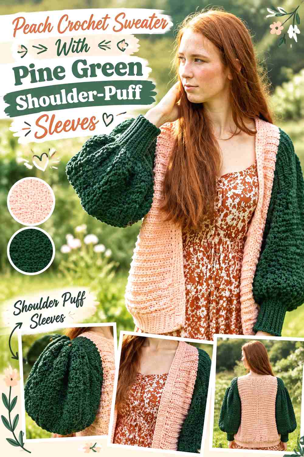 8. Peach Crochet Sweater With Pine Green Shoulder-Puff Sleeves