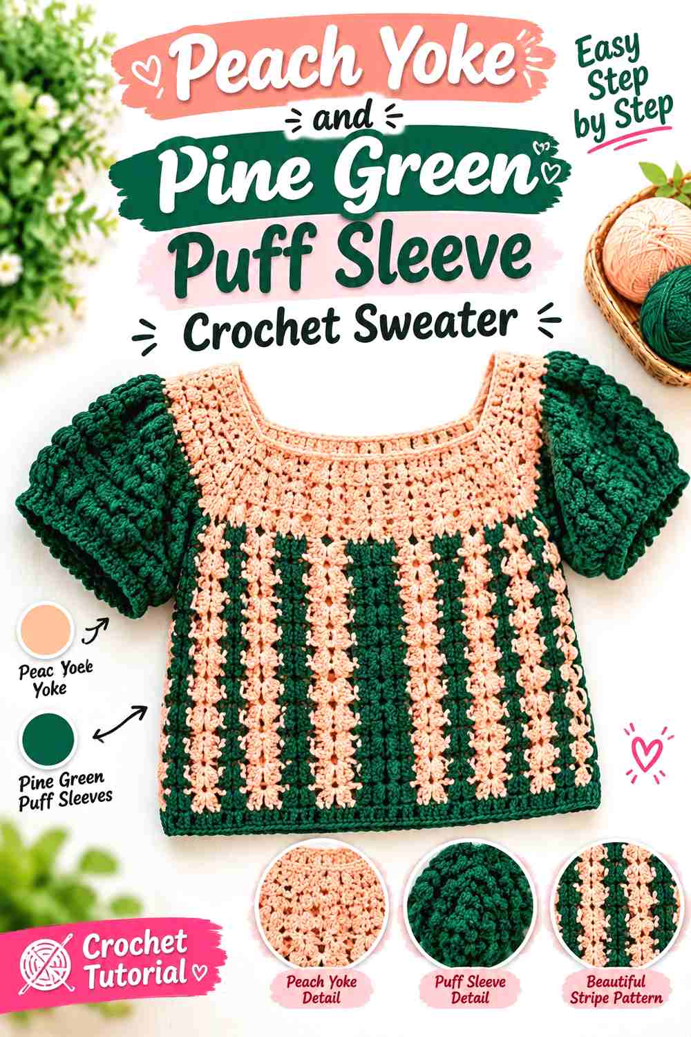 6. Peach Yoke and Pine Green Puff Sleeve Crochet Sweater