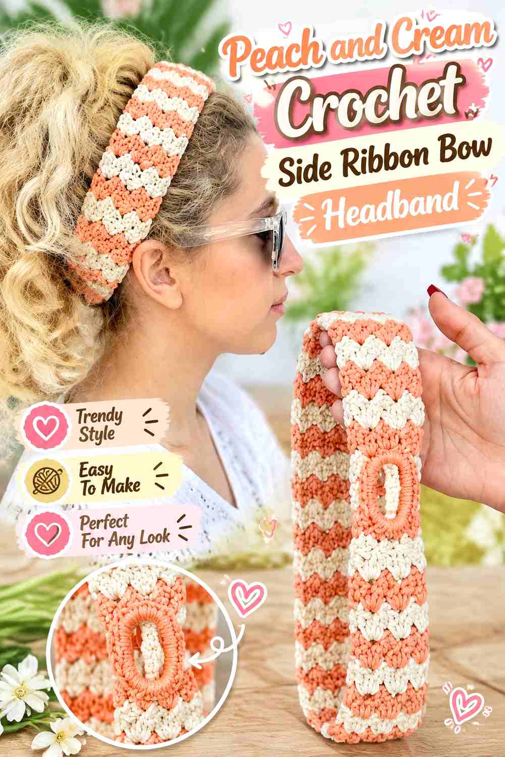 7. Peach And Cream Crochet Side Ribbon Bow Headband