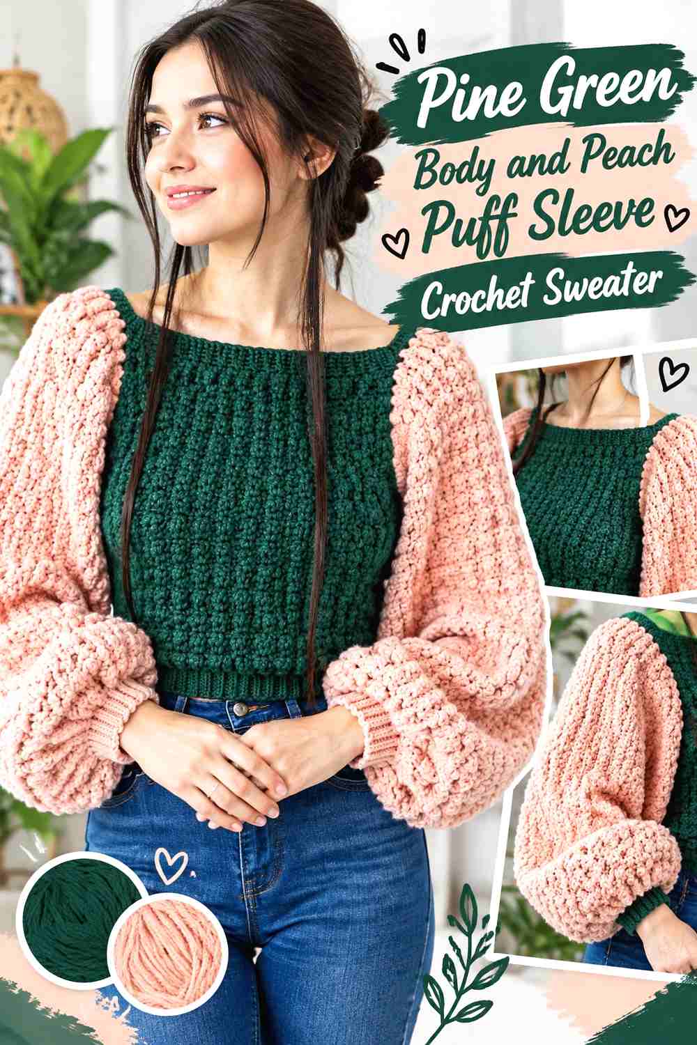 1. Pine Green Body and Peach Puff Sleeve Crochet Sweater