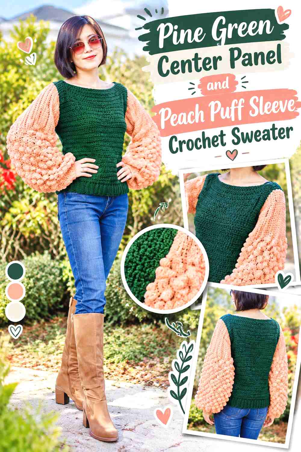 9. Pine Green Center Panel and Peach Puff Sleeve Crochet Sweater