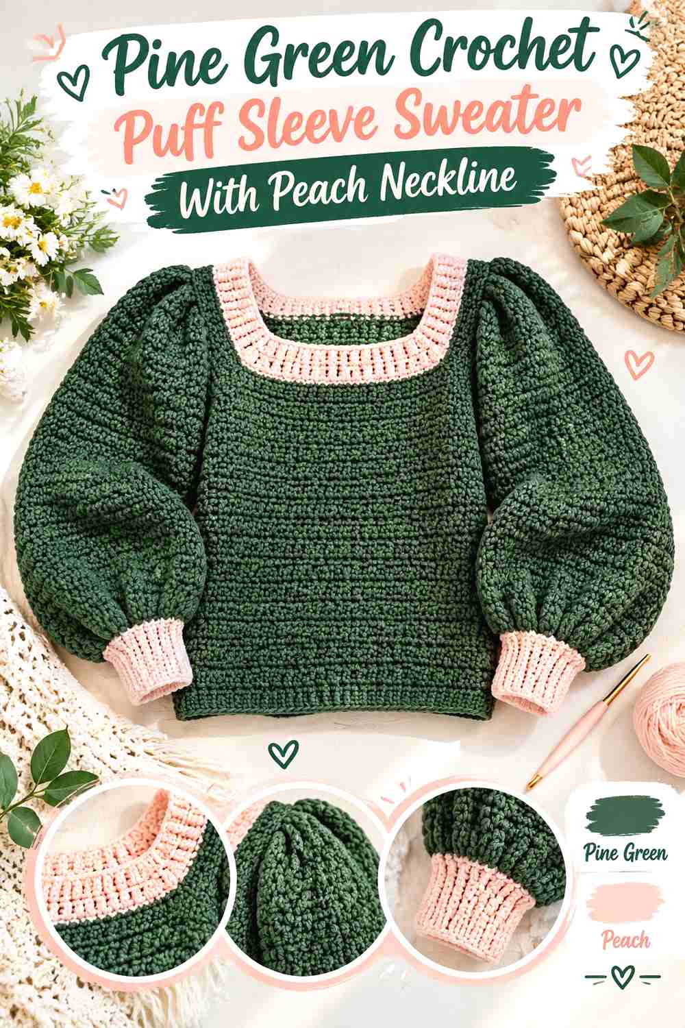 14. Pine Green Crochet Puff Sleeve Sweater With Peach Neckline