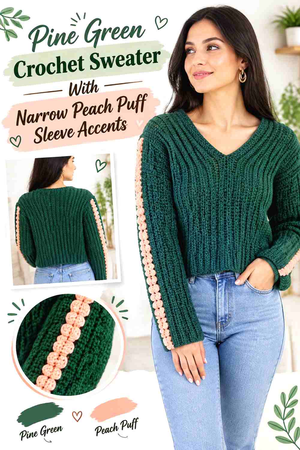 12. Pine Green Crochet Sweater With Narrow Peach Puff Sleeve Accents