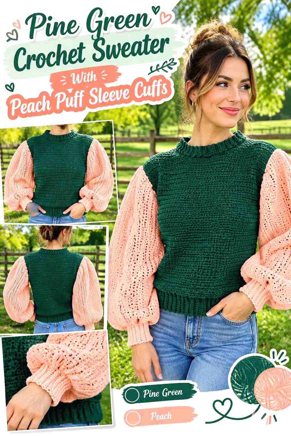 3. Pine Green Crochet Sweater With Peach Puff Sleeve Cuffs