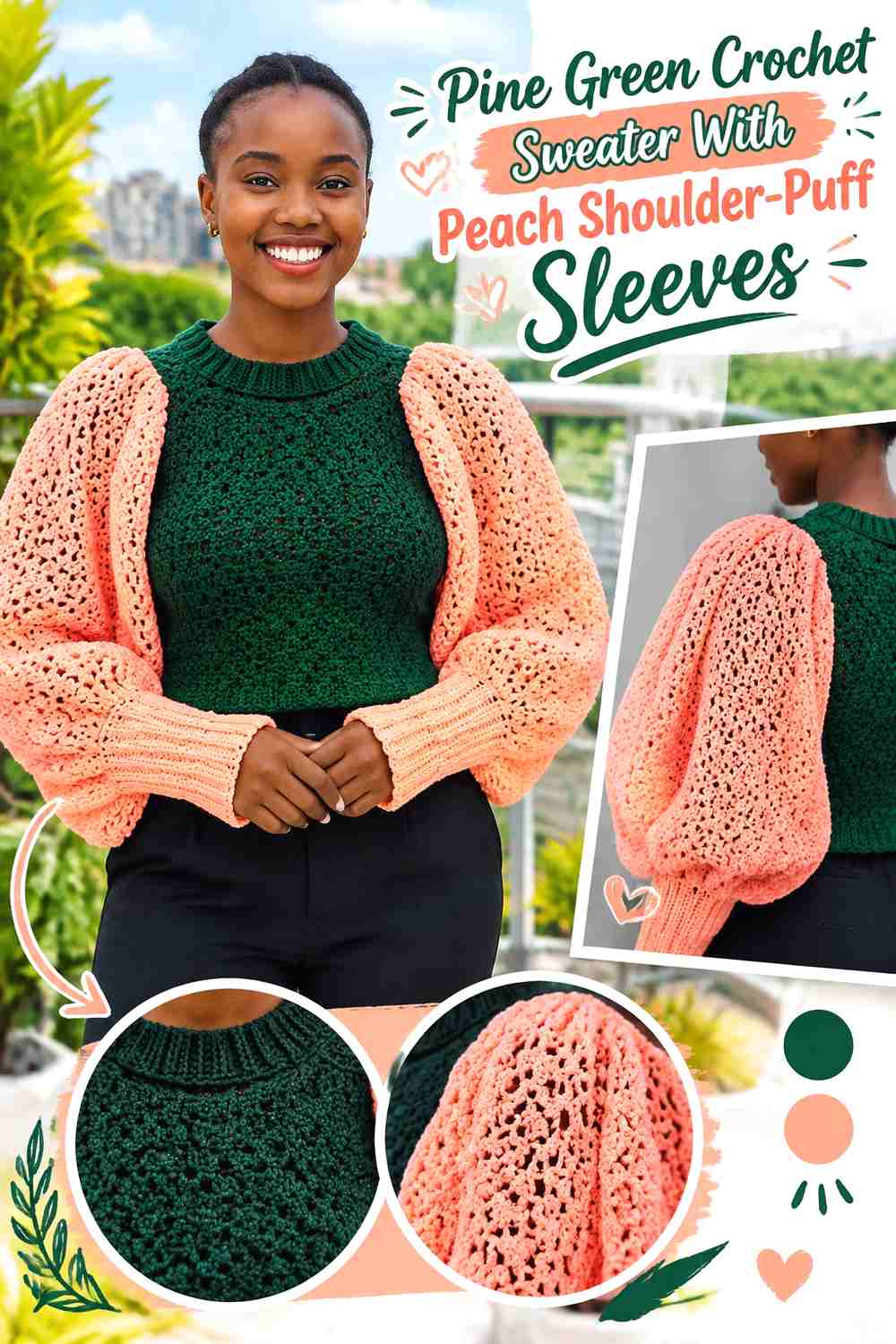 7. Pine Green Crochet Sweater With Peach Shoulder-Puff Sleeves