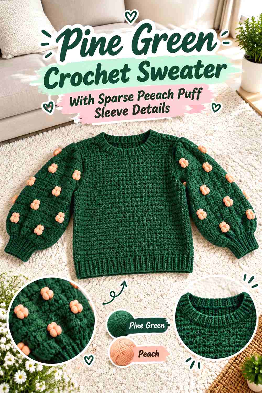17. Pine Green Crochet Sweater With Sparse Peach Puff Sleeve Details