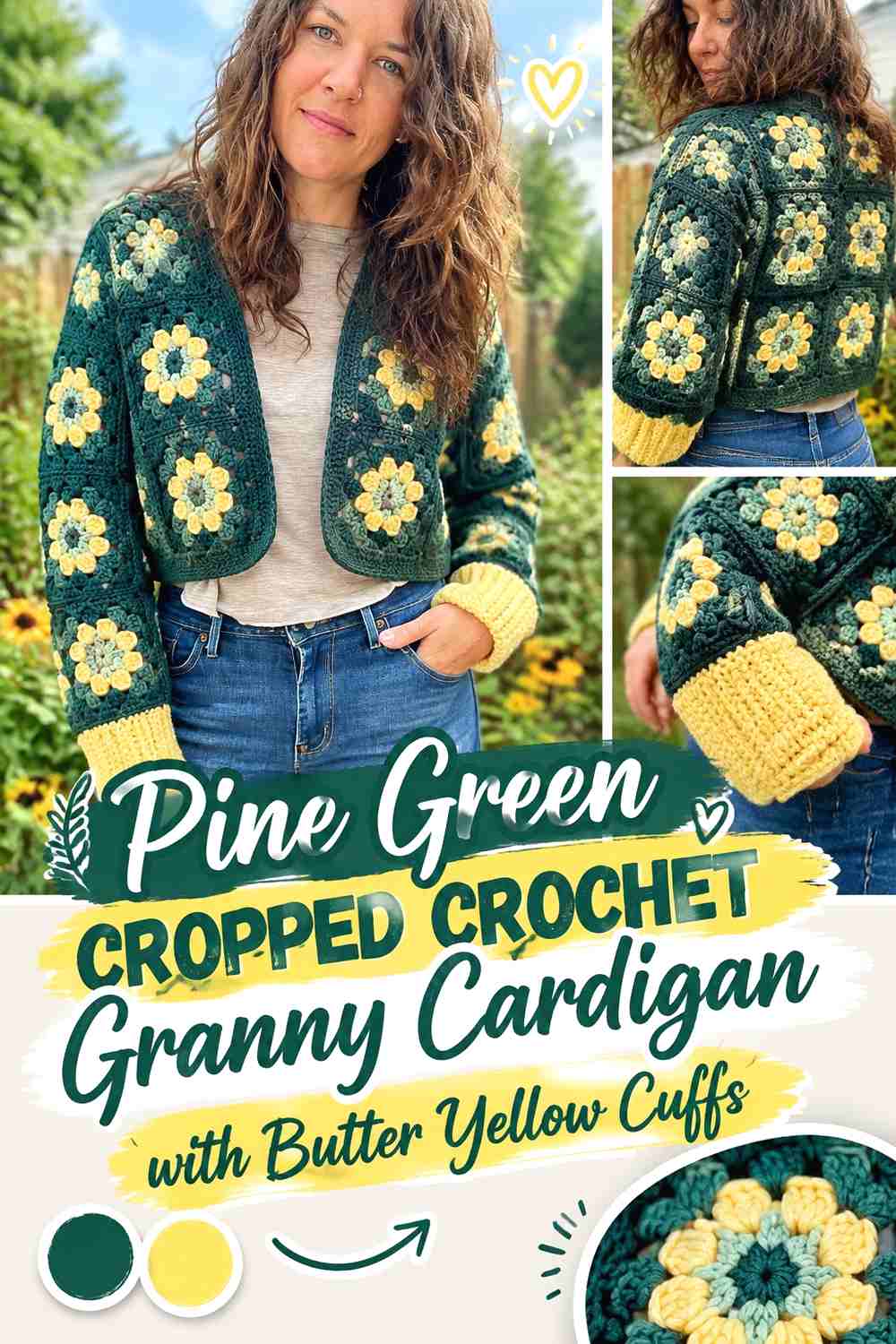 5. Pine Green Cropped Crochet Granny Cardigan with Butter Yellow Cuffs