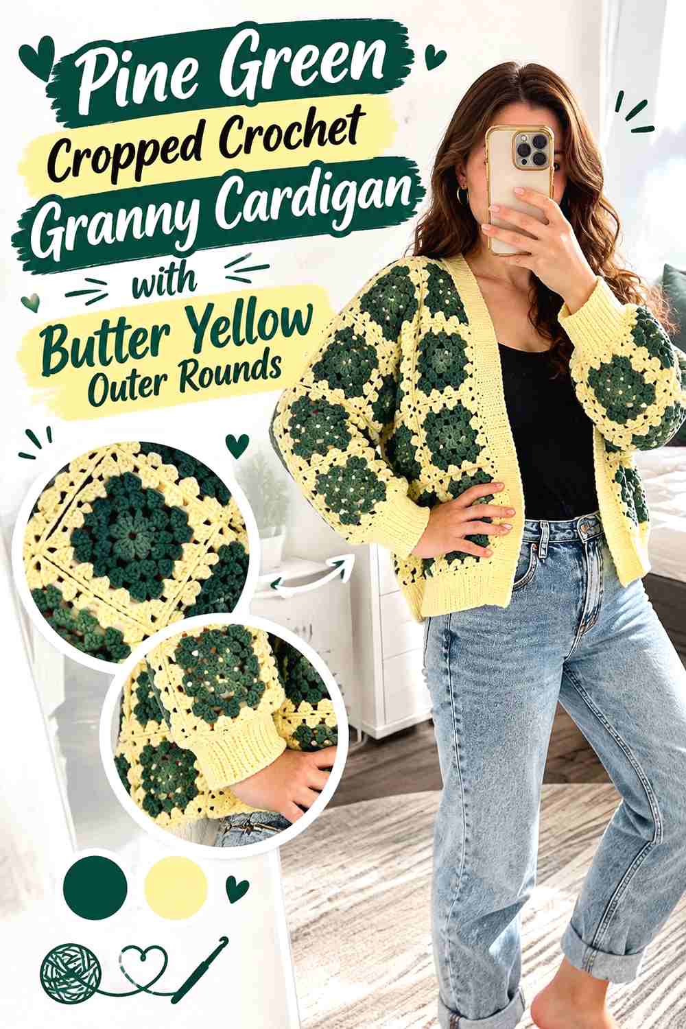 14. Pine Green Cropped Crochet Granny Cardigan with Butter Yellow Outer Rounds