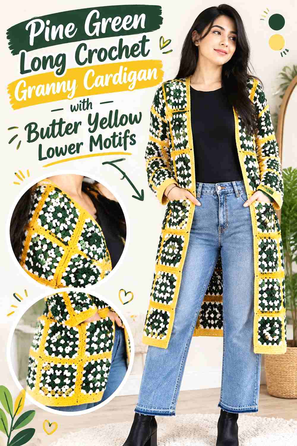 12. Pine Green Long Crochet Granny Cardigan with Butter Yellow Lower Motifs