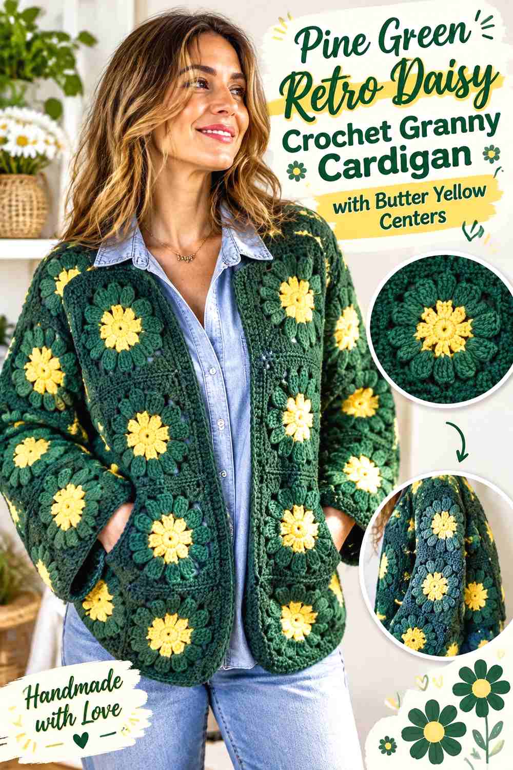 9. Pine Green Retro Daisy Crochet Granny Cardigan with Butter Yellow Centers
