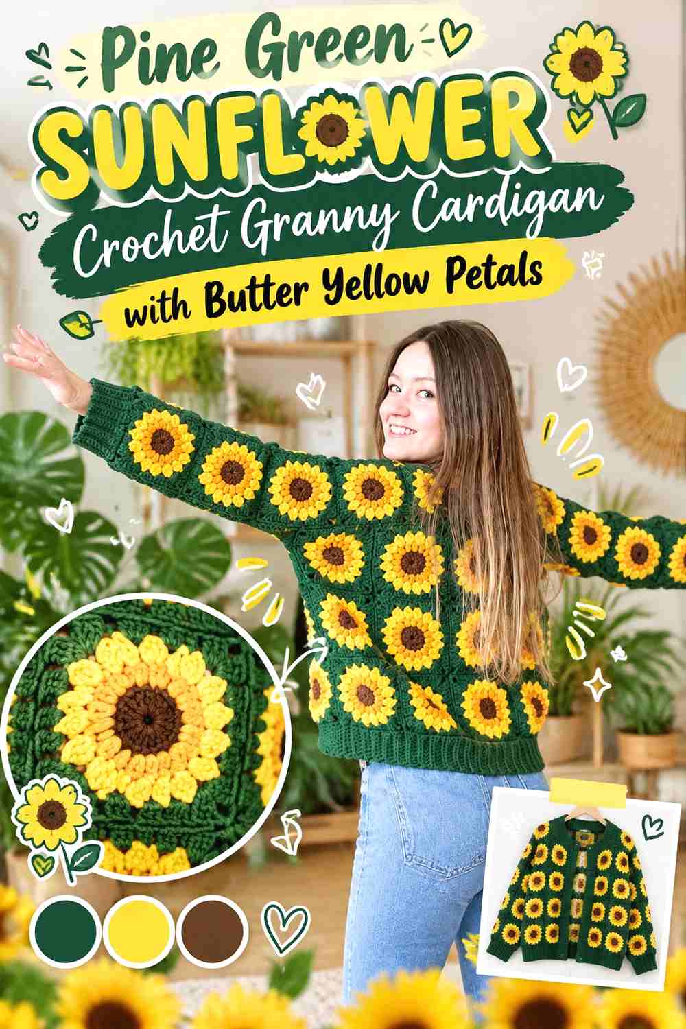 3. Pine Green Sunflower Crochet Granny Cardigan with Butter Yellow Petals