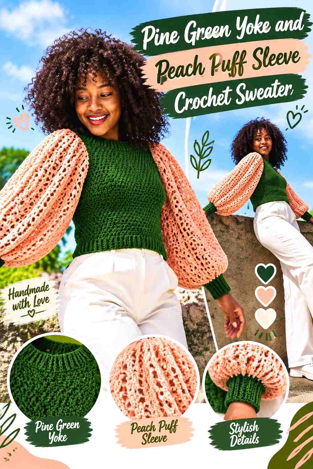 5. Pine Green Yoke and Peach Puff Sleeve Crochet Sweater