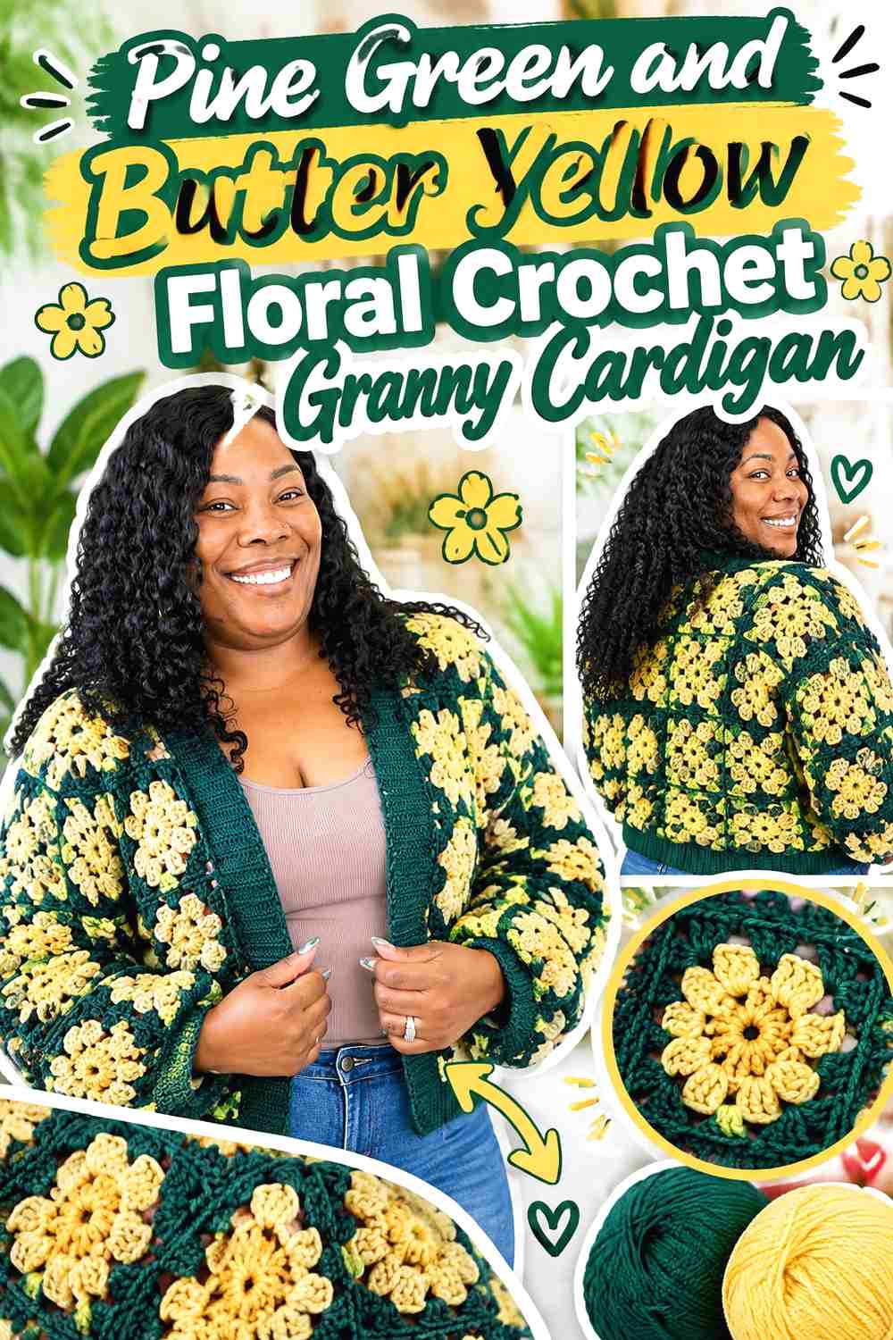 15. Pine Green and Butter Yellow Floral Crochet Granny Cardigan