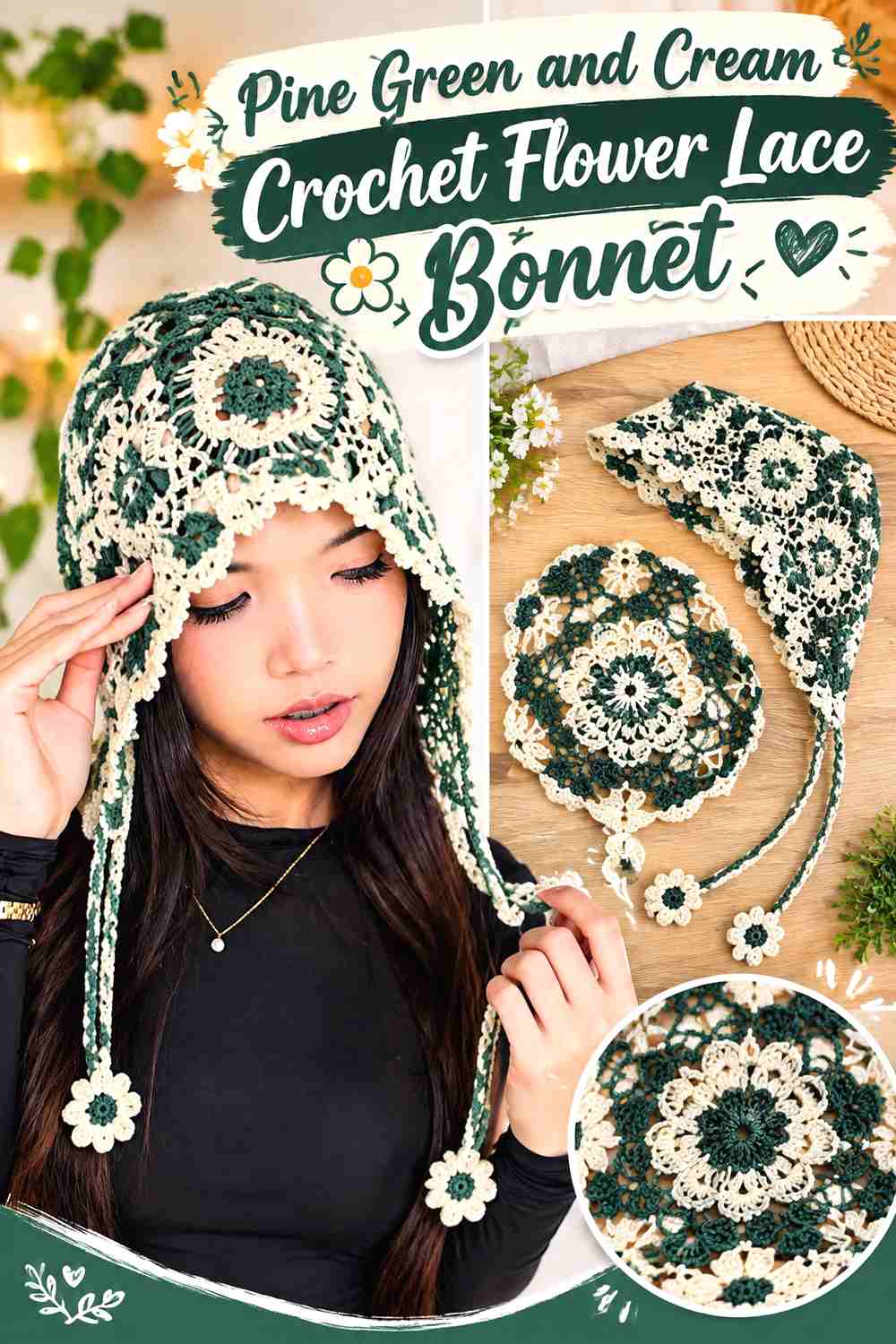 1. Pine Green and Cream Crochet Flower Lace Bonnet
